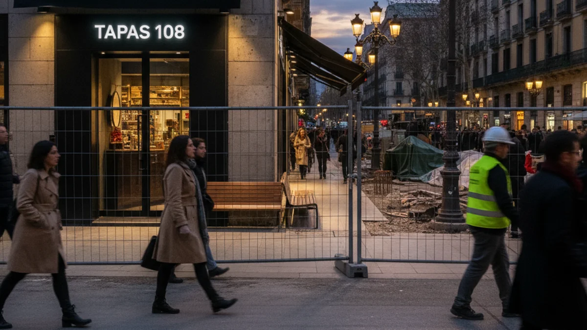 Generic image of a new restaurant facade on a street undergoing renovation in Barcelona.