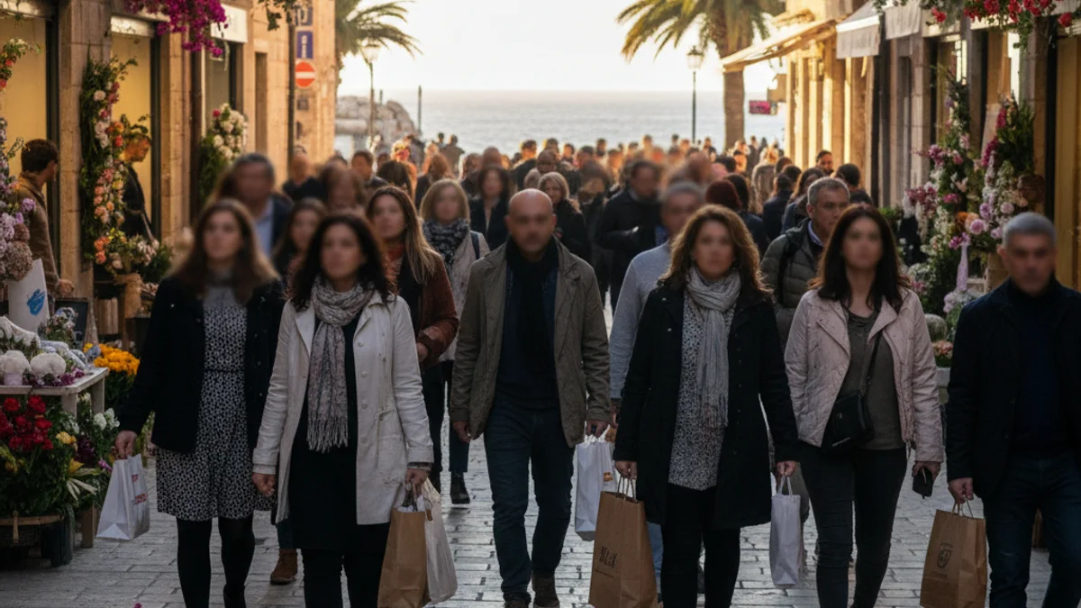 Generic image of a commercial street with spring floral decorations and people walking.