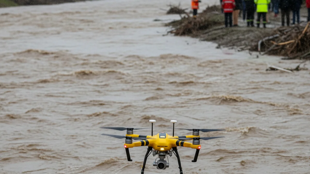 Imatge genèrica d'una operació de recerca en un riu amb la presència de drons i equips d'emergència.