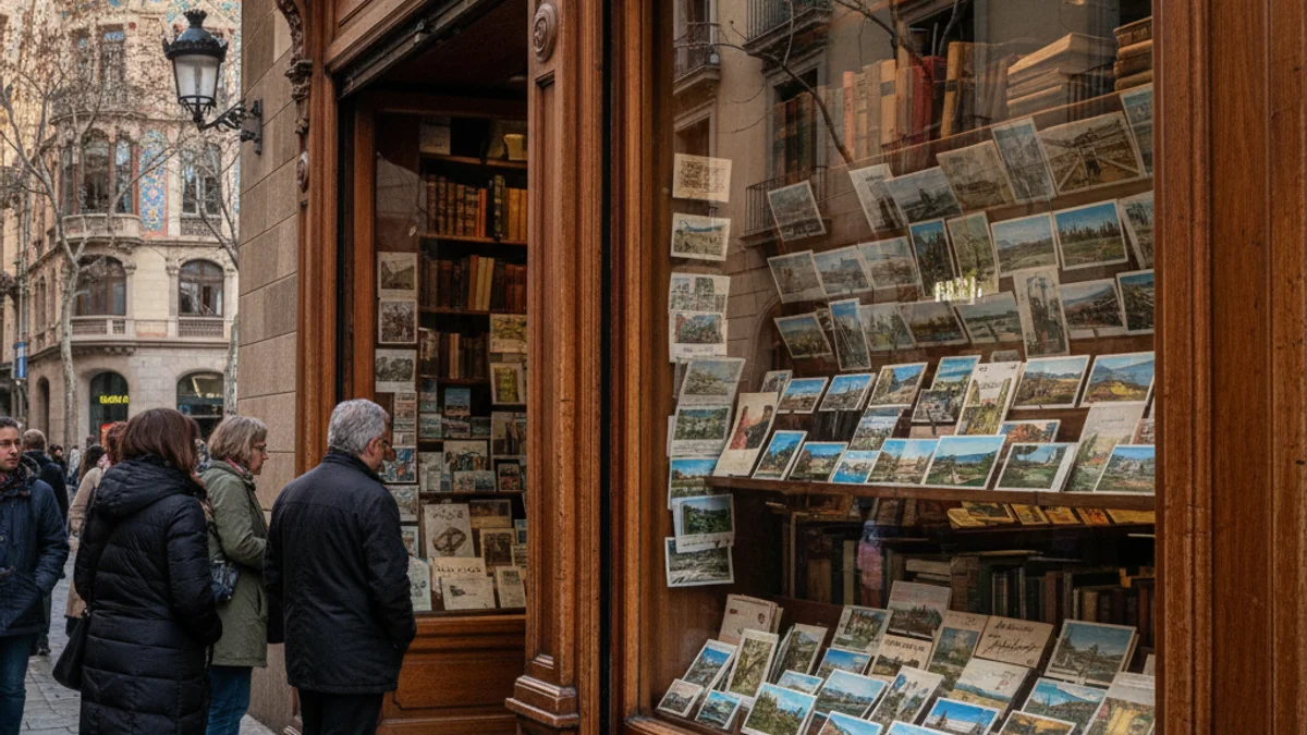 Generic image of an old bookstore's wooden facade across from a modernist building.