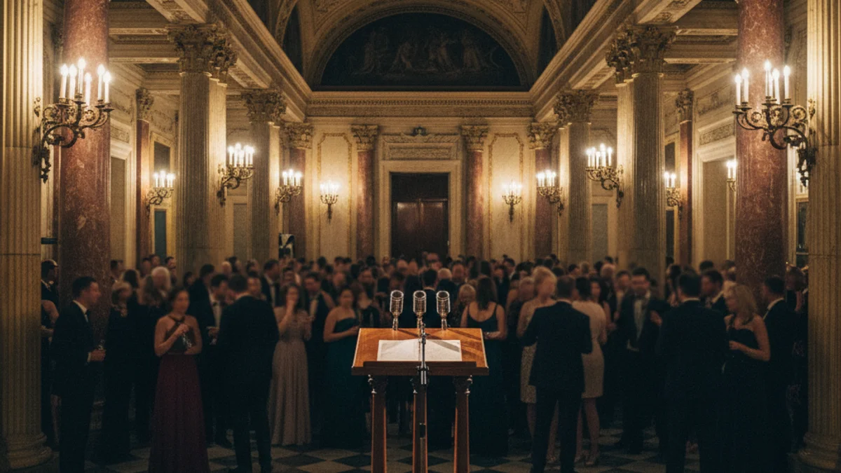 Imatge genèrica de l'interior d'una sala de festes històrica amb il·luminació càlida i un podi per a parlaments.