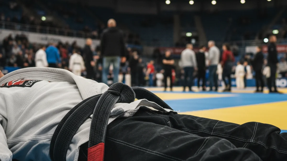 Imatge genèrica d'un cinturó de jiu-jitsu sobre un tatami en un pavelló esportiu.