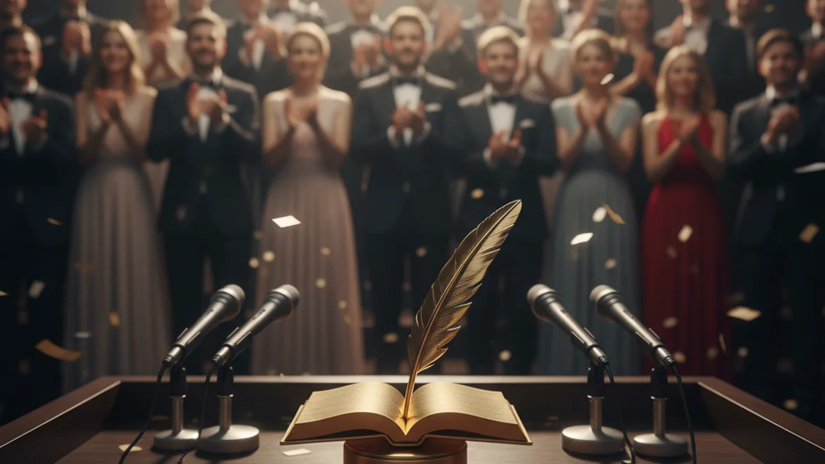 Generic image of a literary award on a podium during an awards ceremony gala.