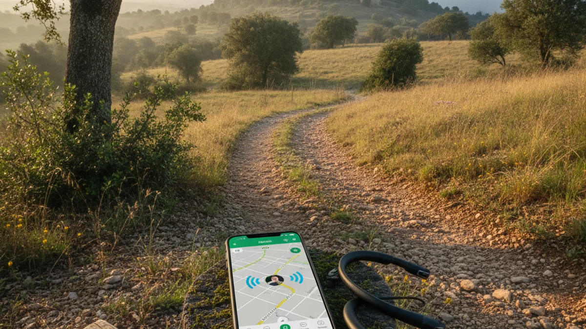 Generic image of a smartphone with a navigation app in a natural setting near a monastery.