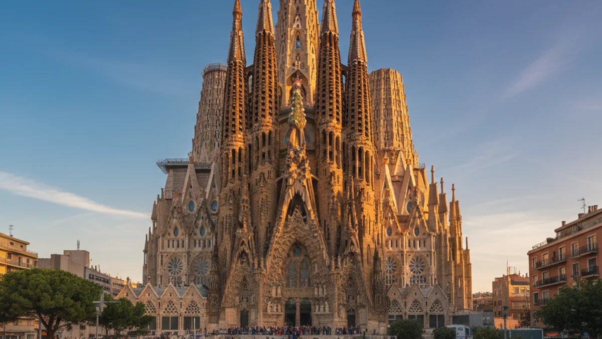 Generic image of the main tower of the Sagrada Família completed under a clear sky.
