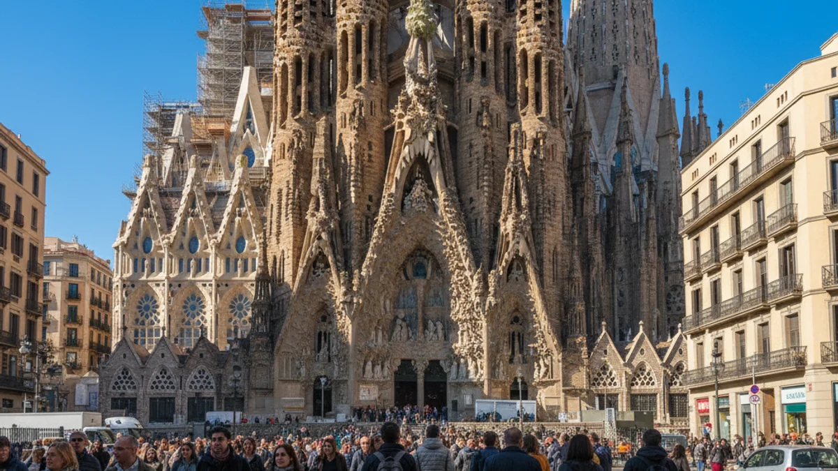 Imagen genérica de la fachada de la Gloria de la Sagrada Familia con edificios residenciales cerca.