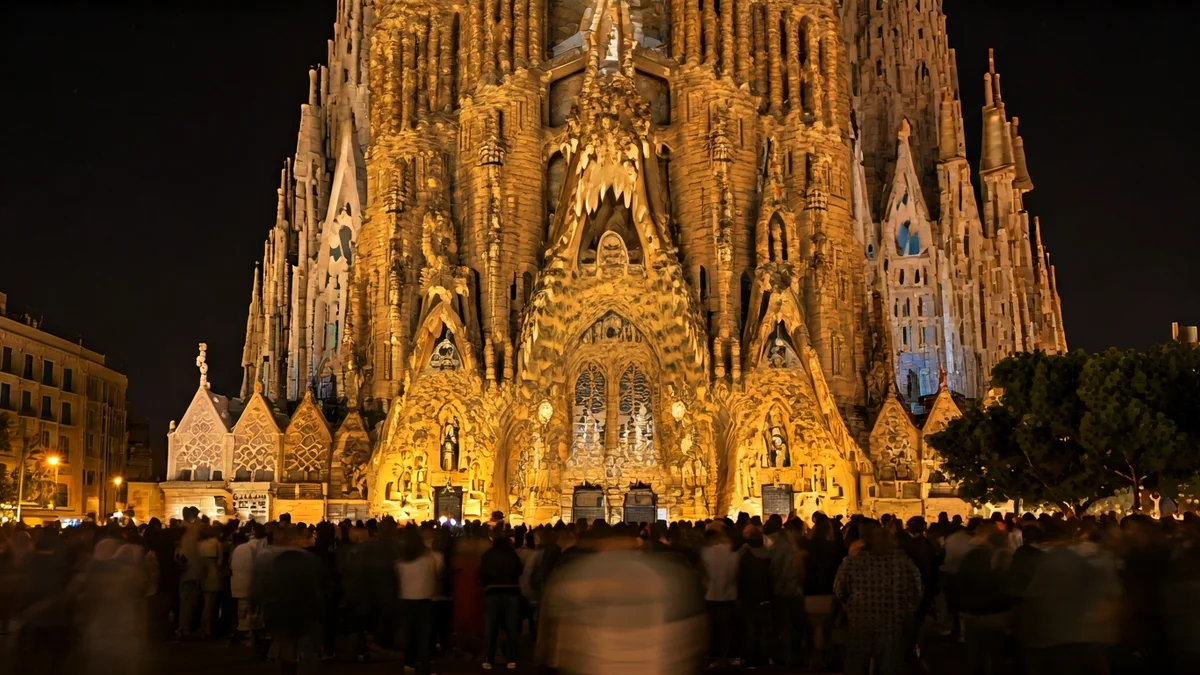 Generic image of the Passion Façade of the Sagrada Familia illuminated with a light and music show.