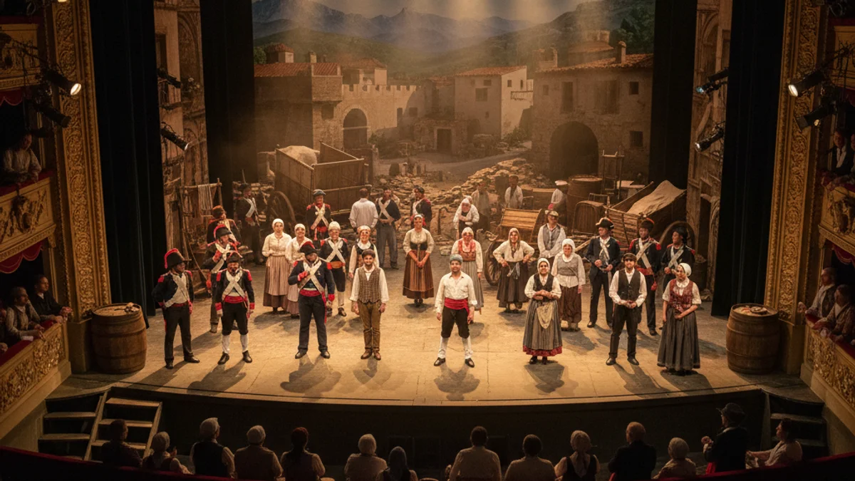 Imatge genèrica d'un escenari teatral amb una posada en escena d'època i il·luminació dramàtica.