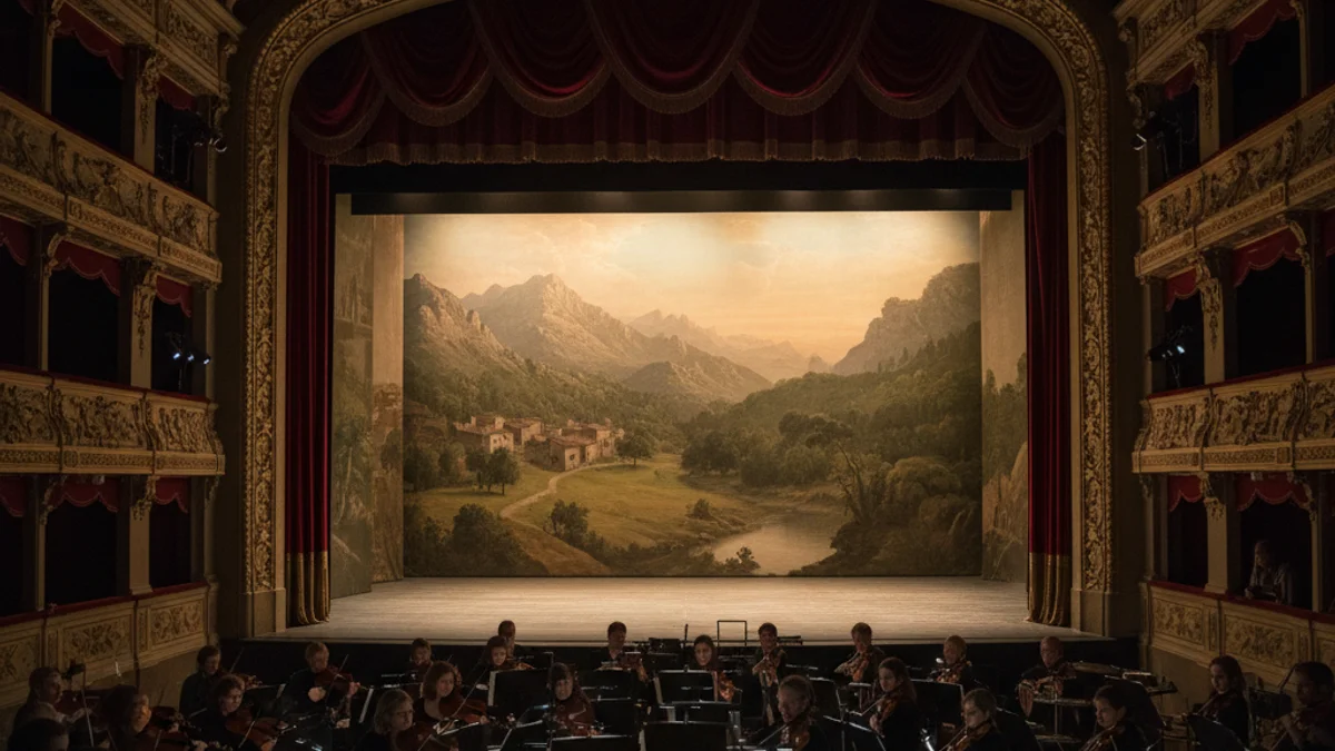 Generic image of a theater stage with red curtains and dramatic lighting for a lyrical performance.