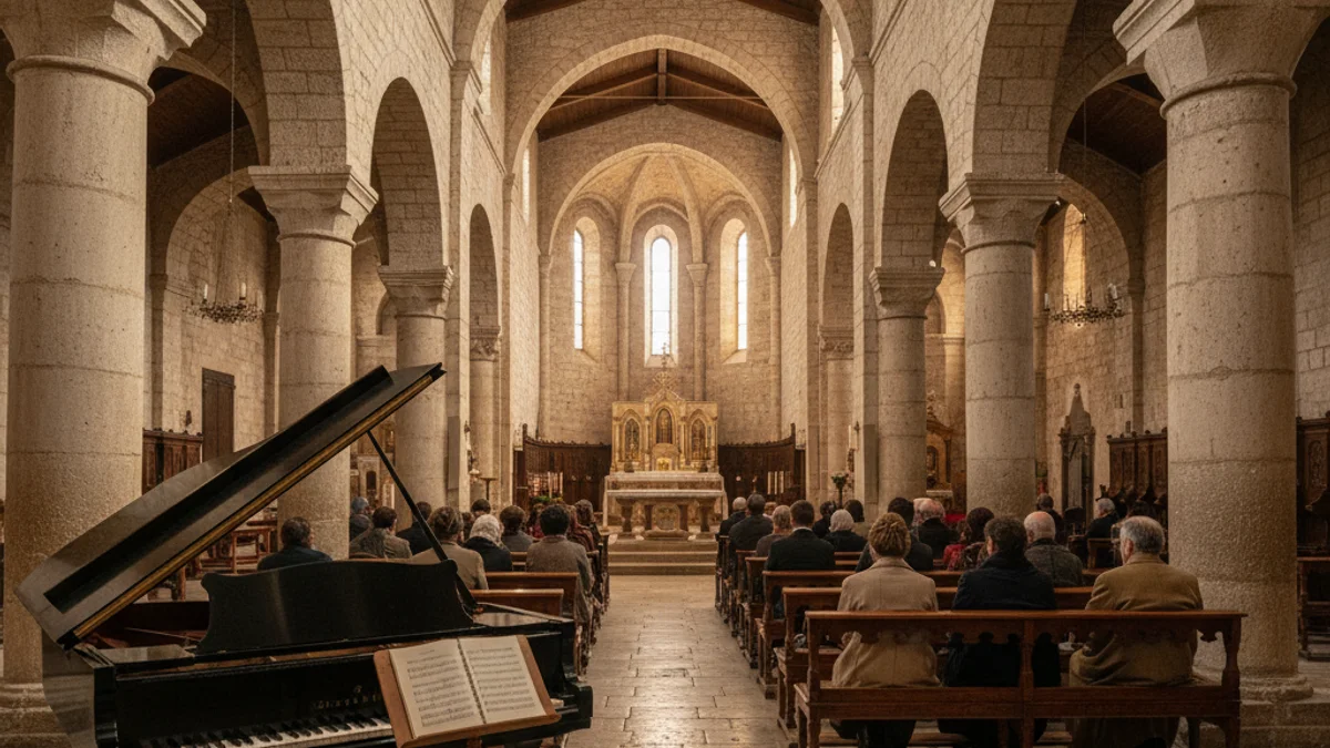 Generic image of the interior of a Romanesque church prepared for a classical music concert.