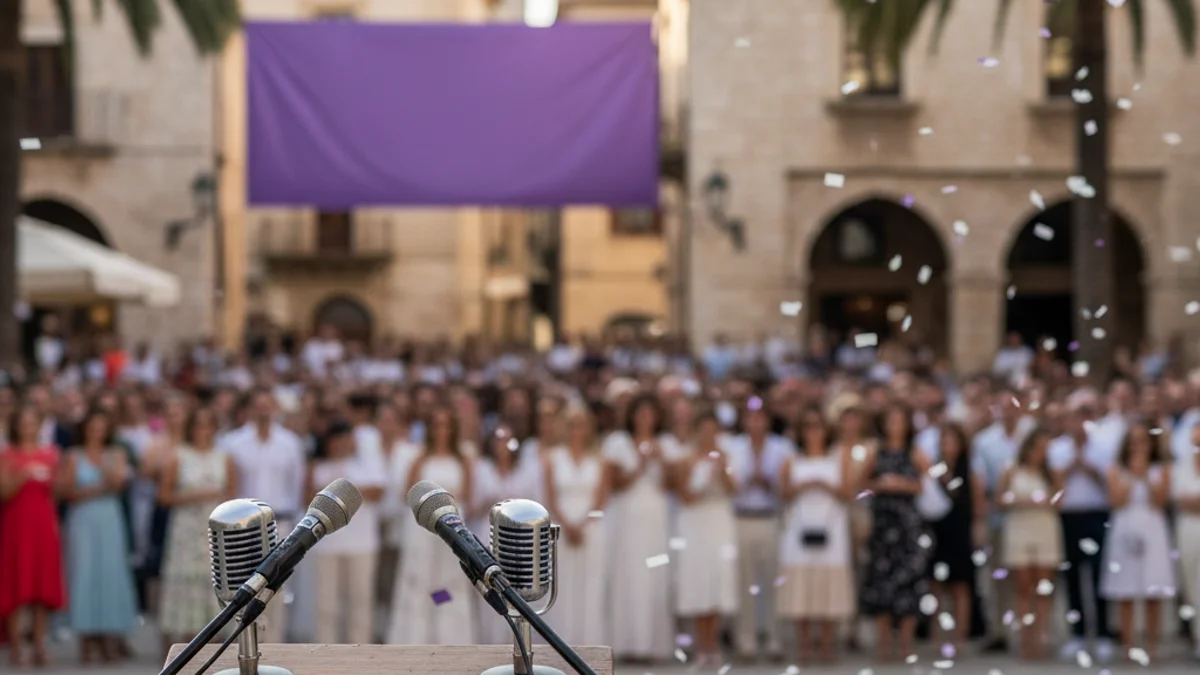 Imatge genèrica d'un acte públic institucional amb un podi i micròfons en una plaça.