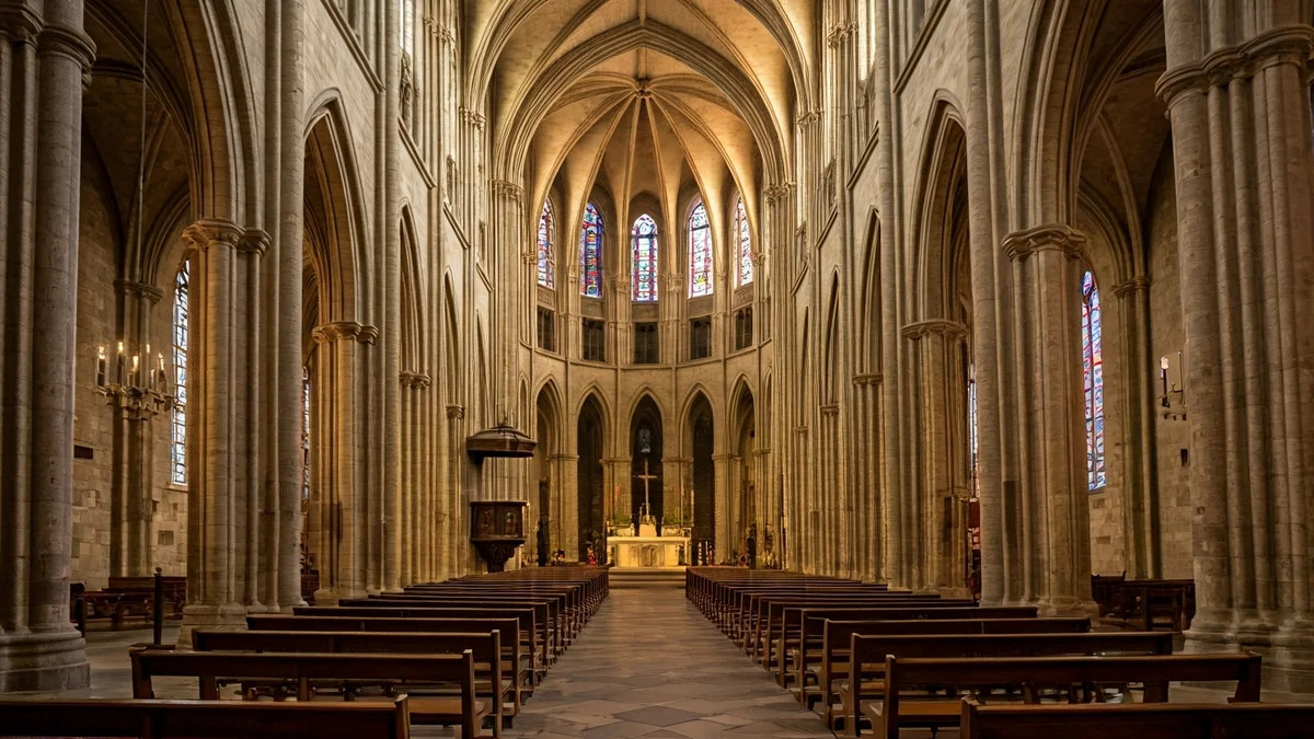 Imatge genèrica de l'interior d'una catedral antiga amb sostres alts i vitralls.