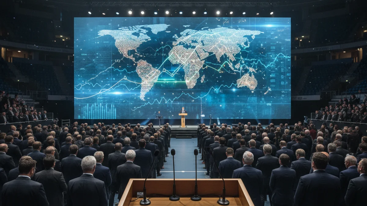 Generic image of a conference podium with a global economic map in the background.