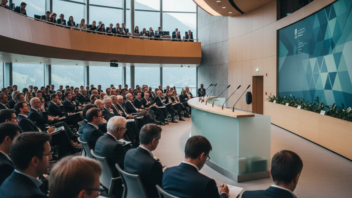 Imatge genèrica d'un fòrum empresarial amb un podi i micròfons davant d'una audiència professional.