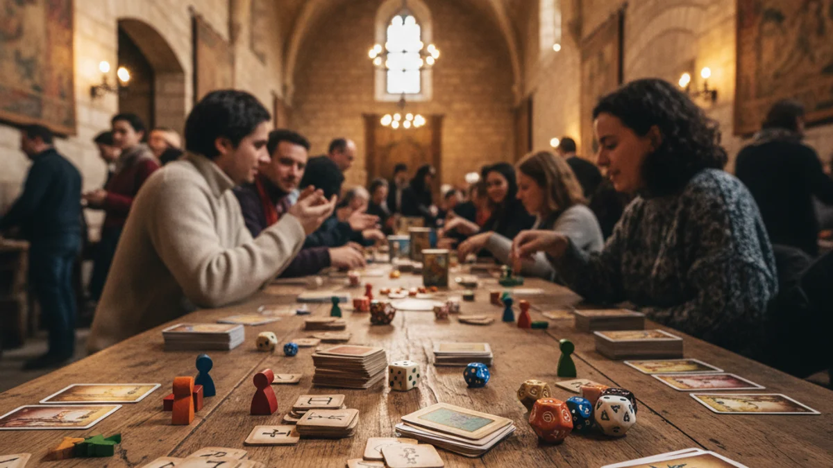 Imatge genèrica d'unes peces de joc de taula sobre una taula de fusta en un ambient festiu.