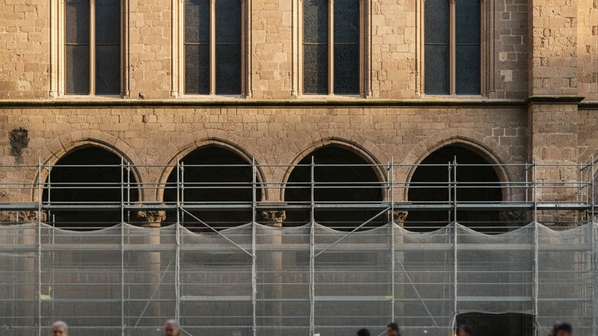 Imatge genèrica de la façana d'un edifici històric de pedra amb bastides de construcció.