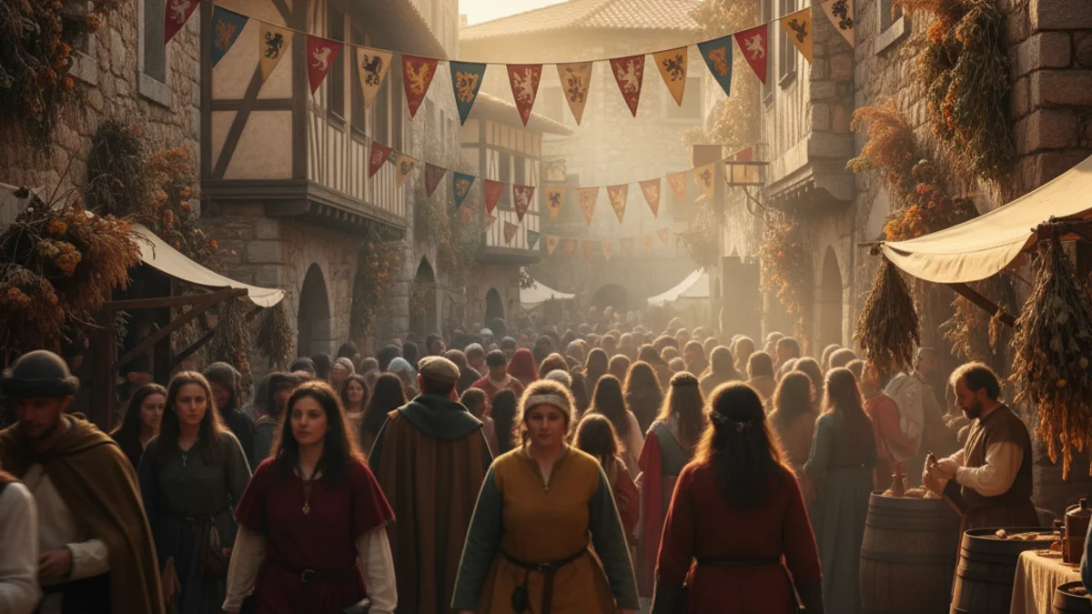 Imatge genèrica d'un carrer guarnit per a una fira medieval amb banderoles i ambient festiu.