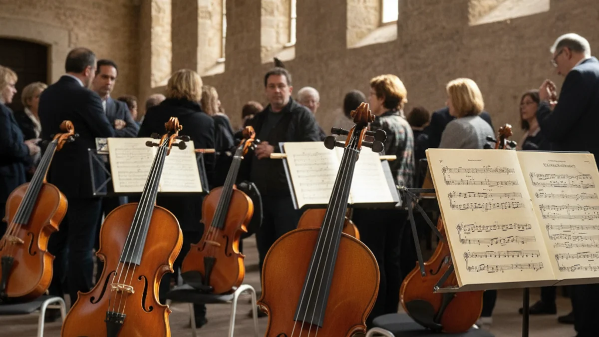 Generic image of string instruments in a historical concert hall.