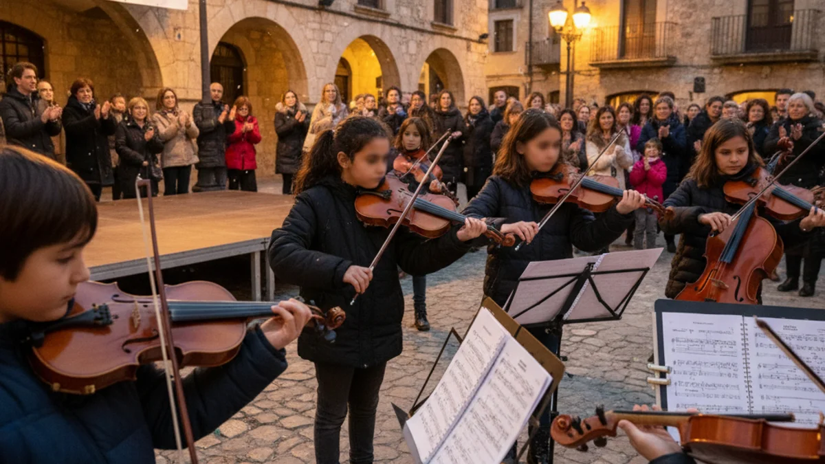 Imagen genérica de jóvenes estudiantes de música tocando instrumentos de cuerda en una plaza pública.