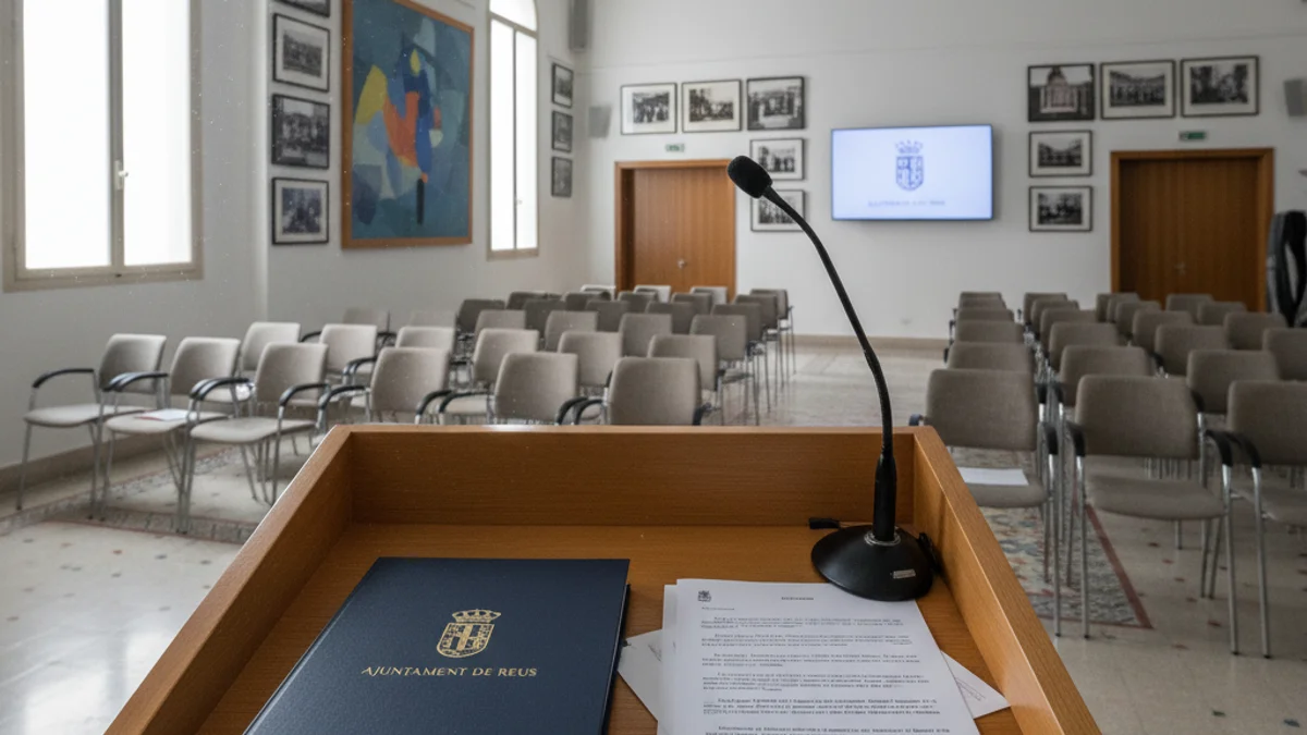 Imagen genérica de un atril con documentos oficiales en una sala de plenos municipal.