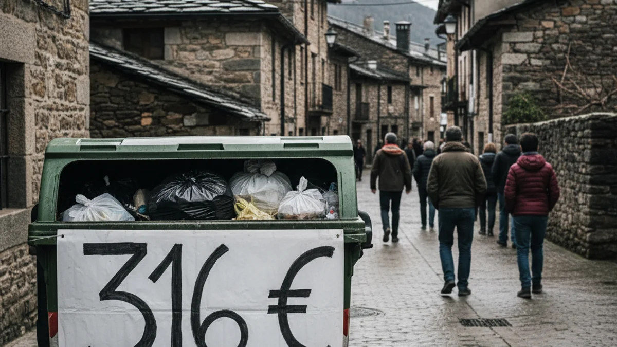 Imatge genèrica d'un contenidor d'escombraries en un poble de muntanya amb una pancarta de protesta.
