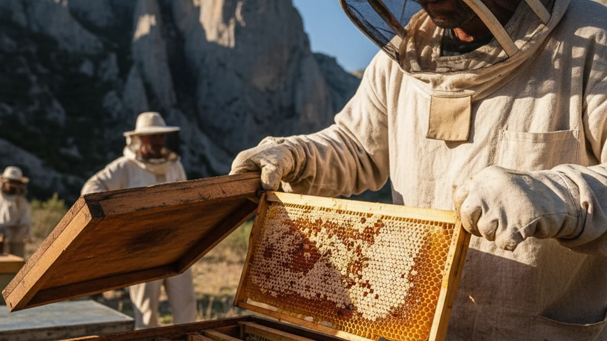 Imatge genèrica d'un apicultor tradicional mostrant una bresca de mel en un entorn natural de muntanya.