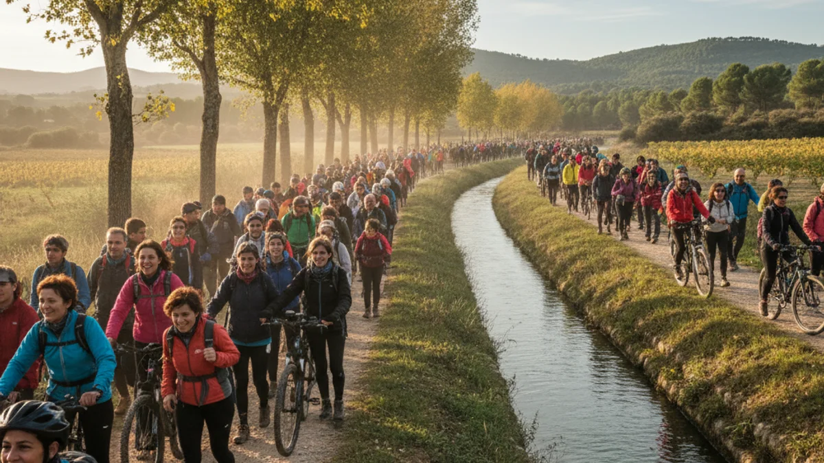 Imatge genèrica d'un grup de persones caminant per un sender natural al costat d'un canal d'aigua.