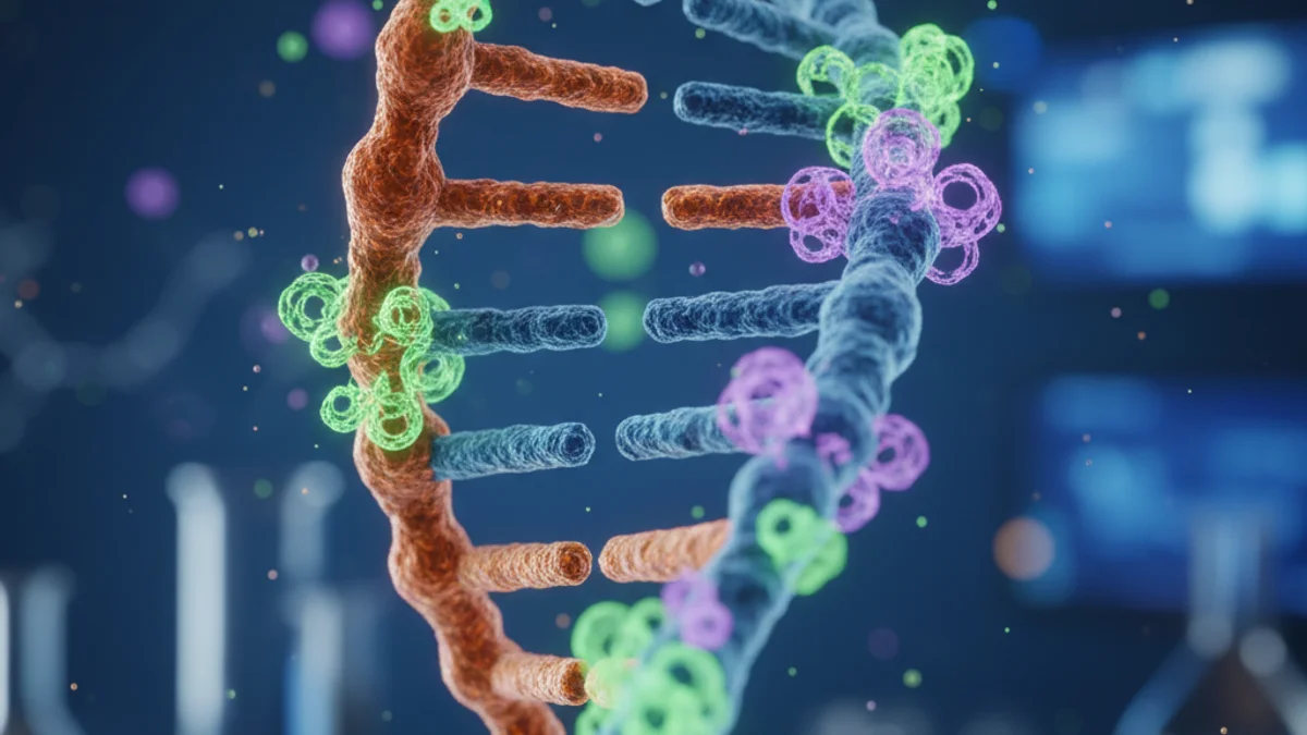 Imatge genèrica d'una cadena d'ADN amb partícules brillants que representen la reprogramació genètica.