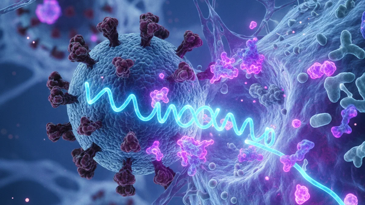 Generic image of a microscopic representation of a virus infecting a human cell.