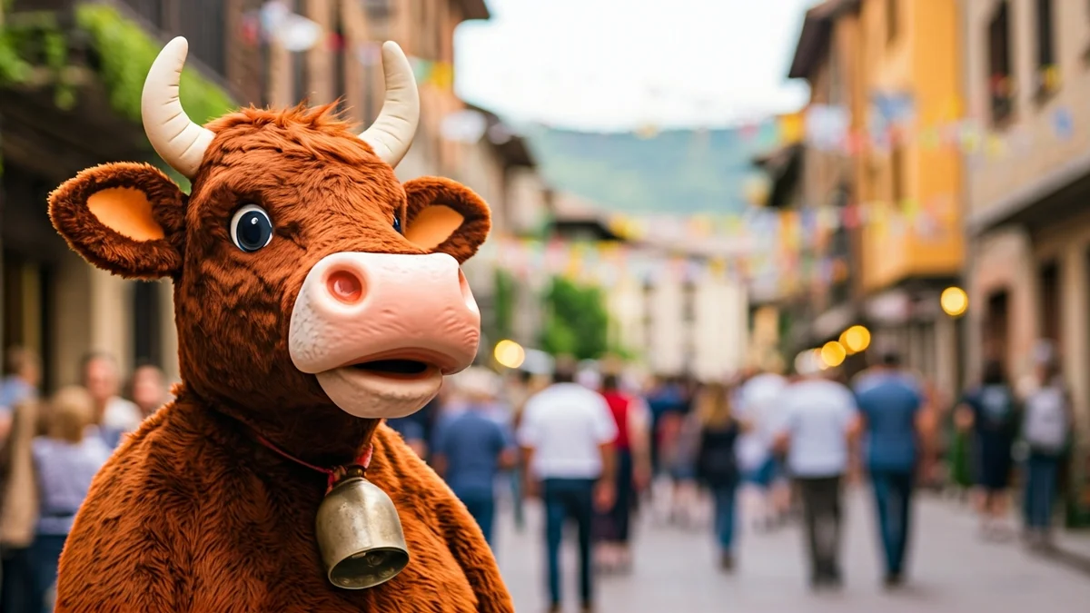 Imatge genèrica d'una vaca estilitzada en un ambient festiu de poble de muntanya.
