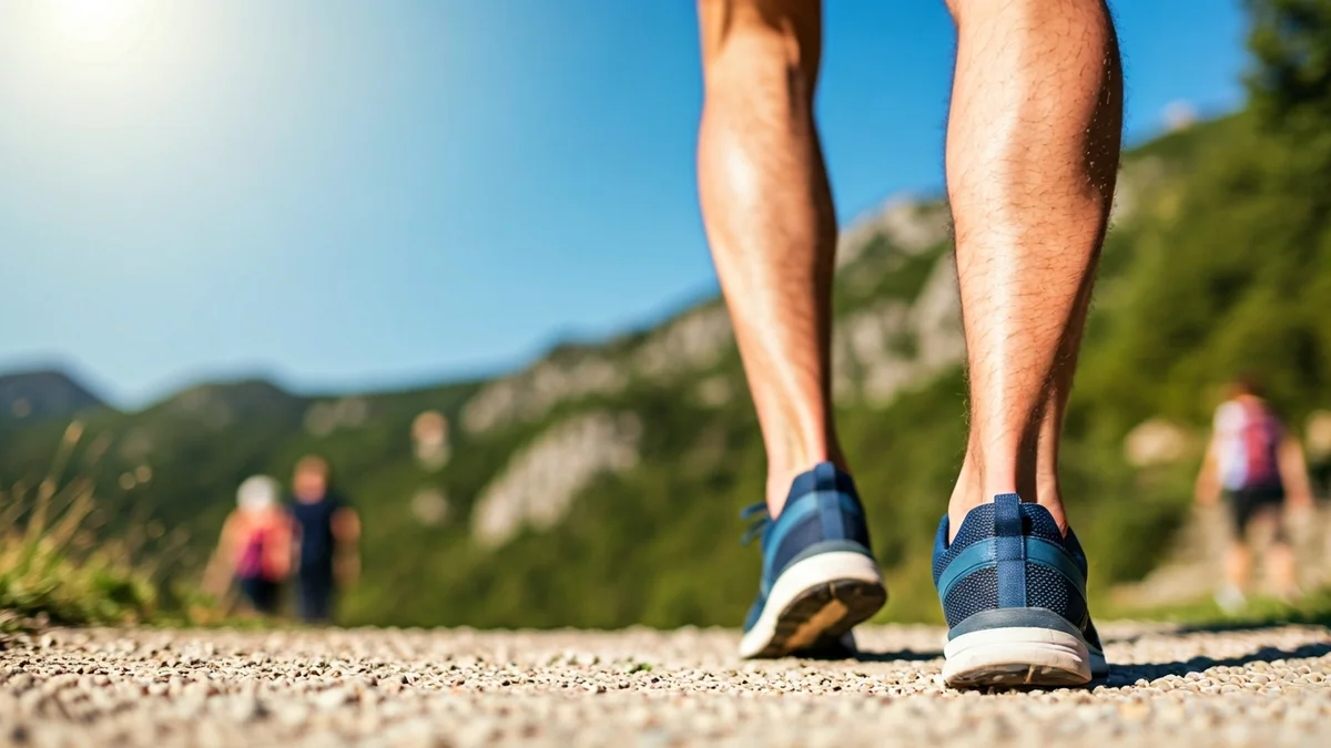 Generic image of feet in athletic shoes on a mountain path, symbolizing outdoor physical activity.