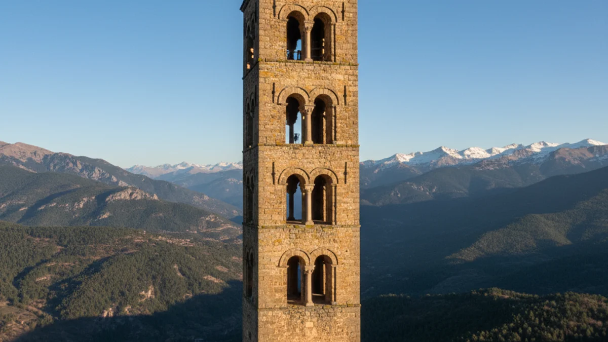 Imatge genèrica d'un campanar romànic situat en un entorn de muntanya als Pirineus.
