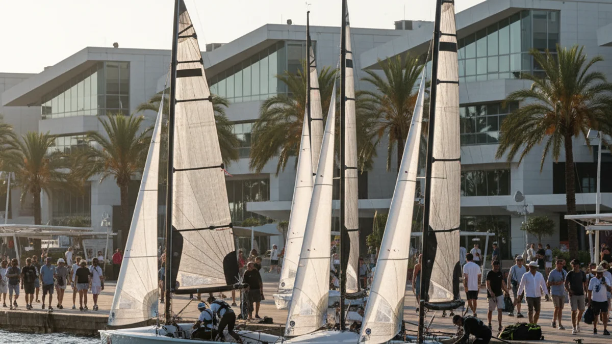 Imatge genèrica de velers esportius amarrats en un centre d'alt rendiment nàutic a Barcelona.