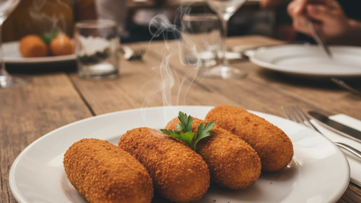 Imatge genèrica d'una ració de croquetes servides en un plat blanc sobre una taula de fusta.
