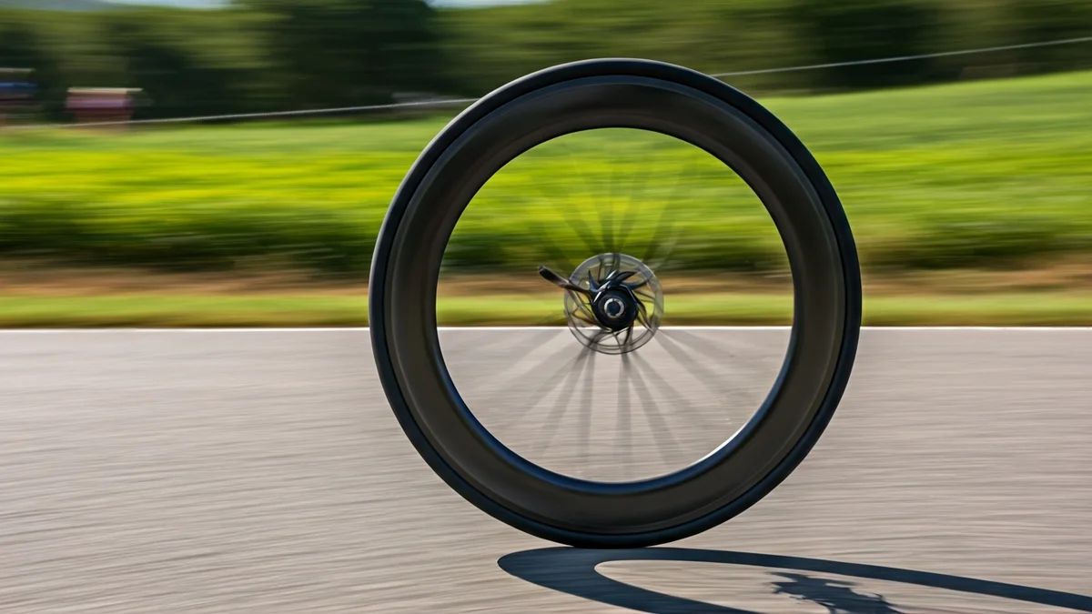 Imagen genérica de una rueda de bicicleta de carretera en movimiento durante una carrera ciclista.