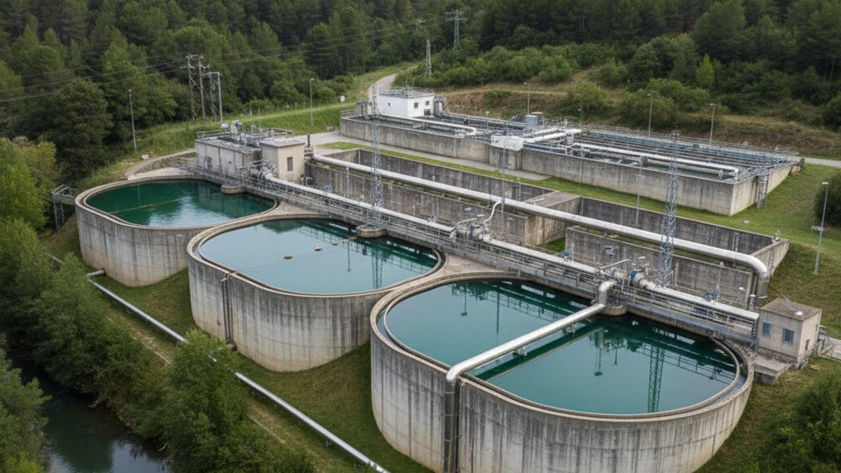 Imatge genèrica d'una planta depuradora d'aigües integrada en un entorn natural.