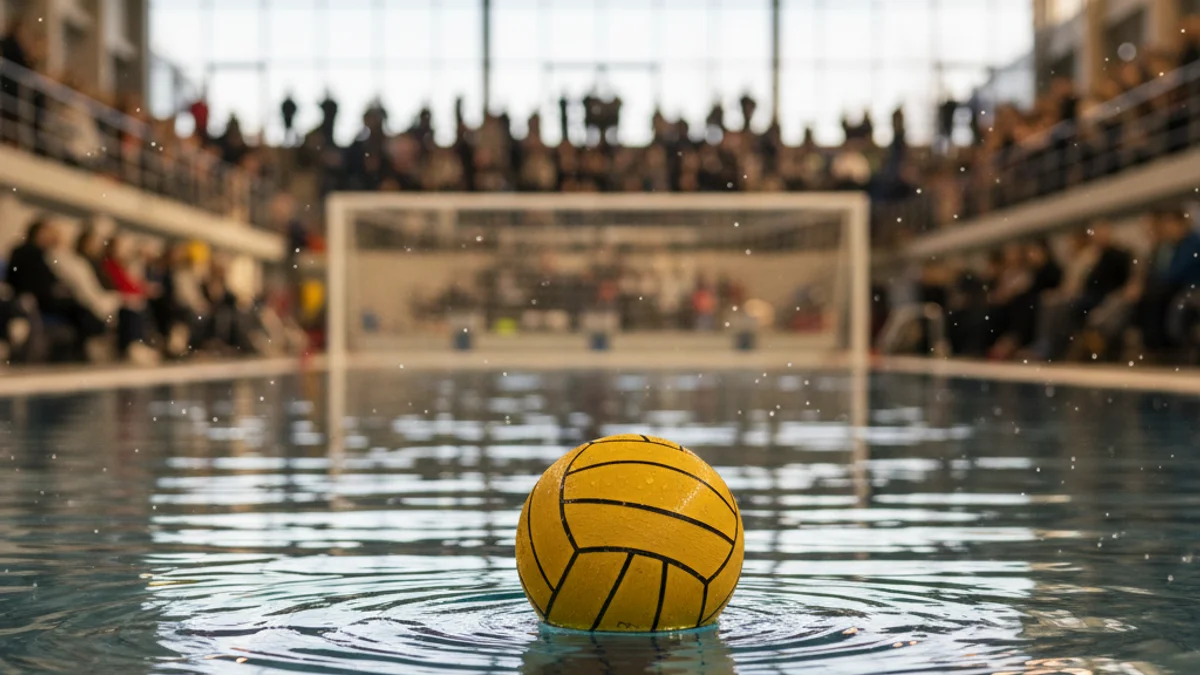 Imatge genèrica d'una porteria de waterpolo en una piscina de competició.