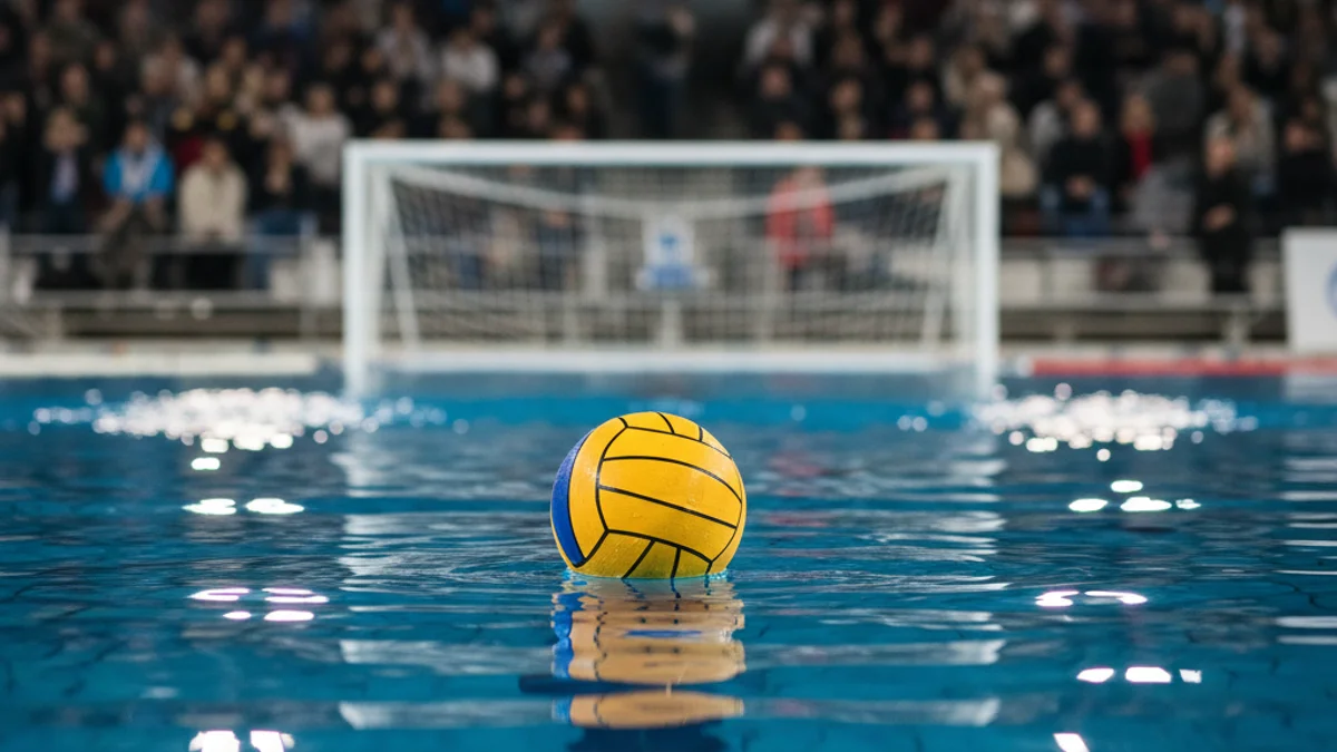 Imatge genèrica d'una pilota de waterpolo a la superfície de l'aigua d'una piscina de competició.