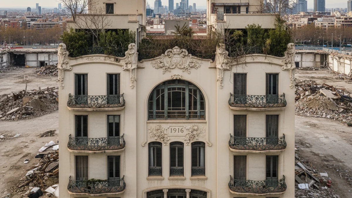 Imatge genèrica de dos edificis modernistes aïllats en un solar ple de runa per obres urbanístiques.