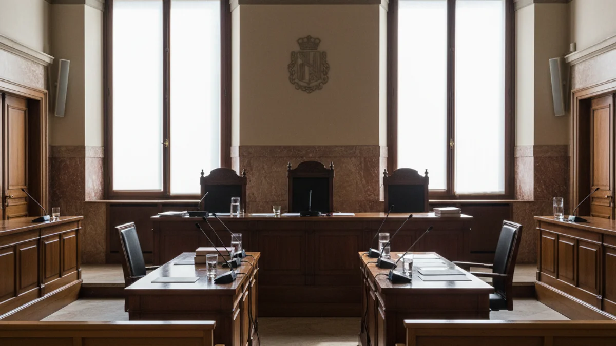 Imatge genèrica de l'interior d'una sala de vistes judicial amb micròfons i estrades de fusta.