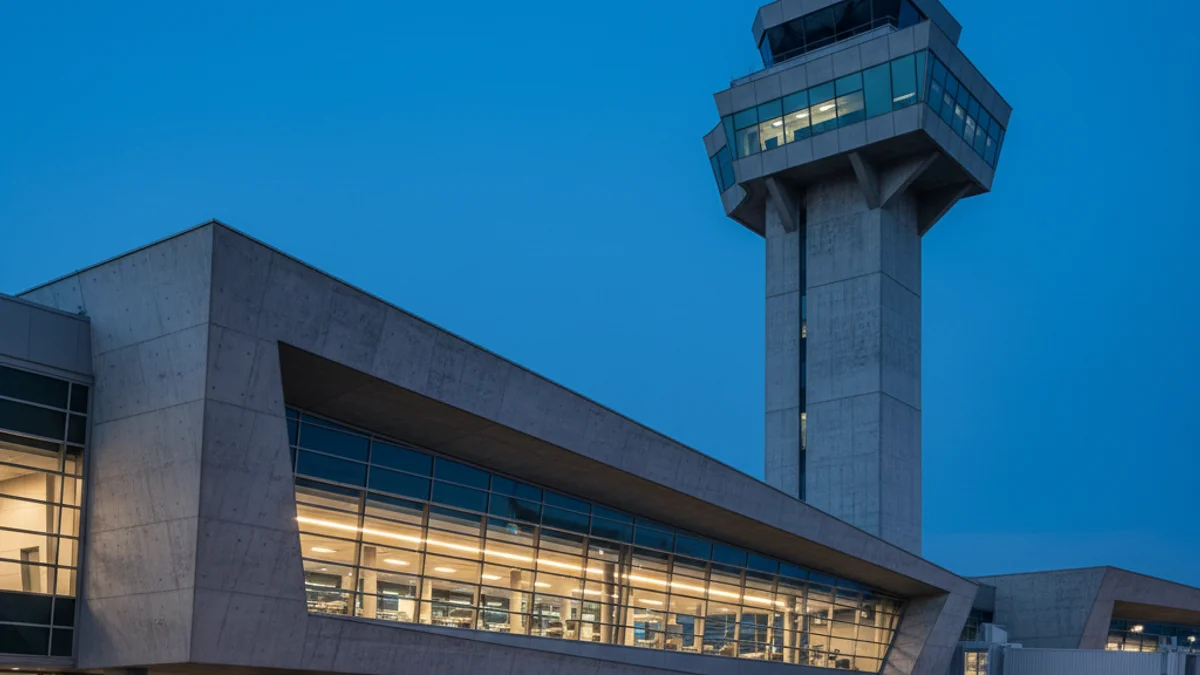 Imatge genèrica de la torre de control i la terminal d'un aeroport durant el crepuscle.