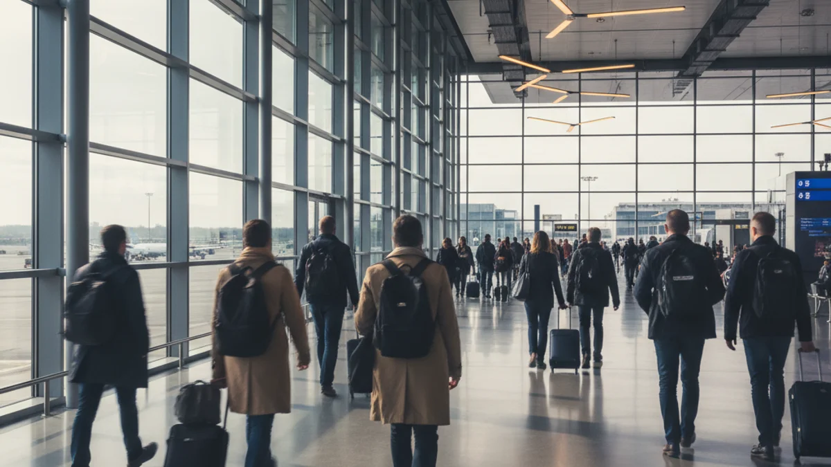 Imagen genérica de pasajeros caminando por una terminal de aeropuerto con maletas.