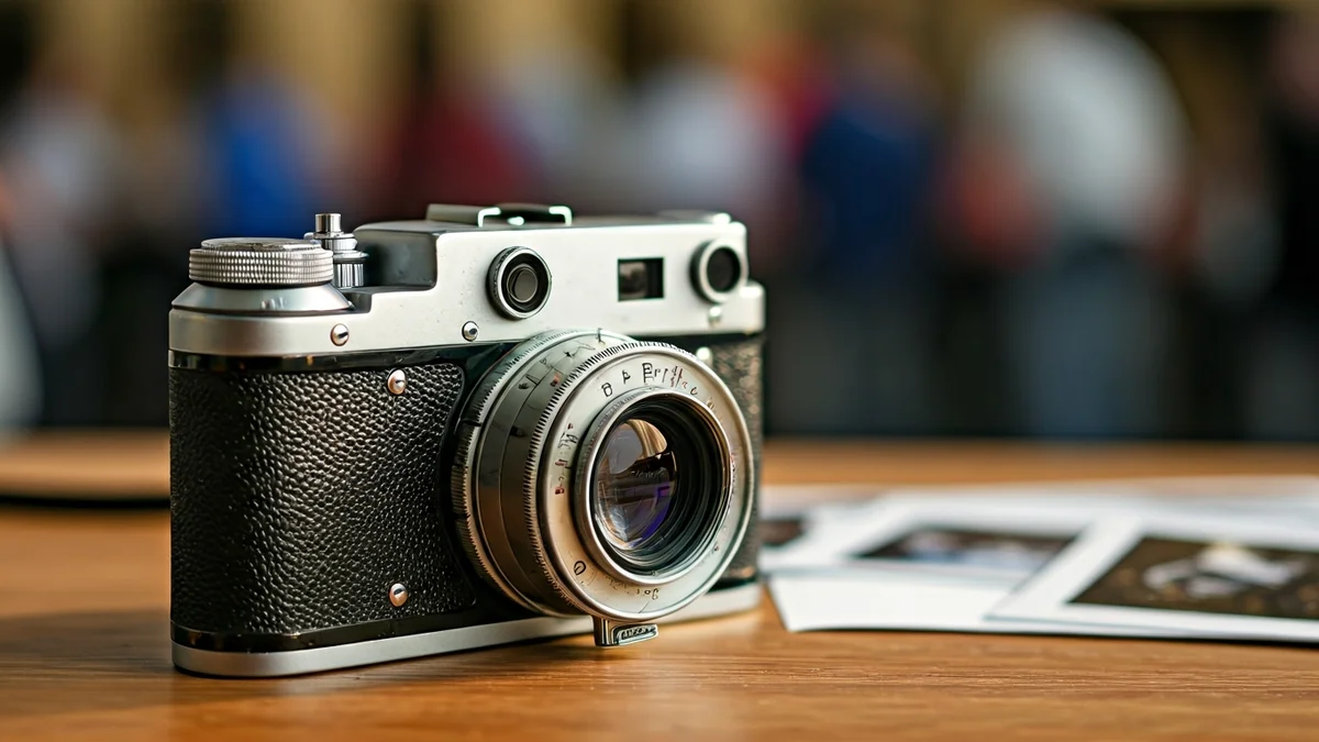 Imatge genèrica d'una lent de càmera antiga sobre una taula de fusta, amb documents i fotografies desenfocades al fons, simbolitzant la història i els reptes d'una agrupació fotogràfica.