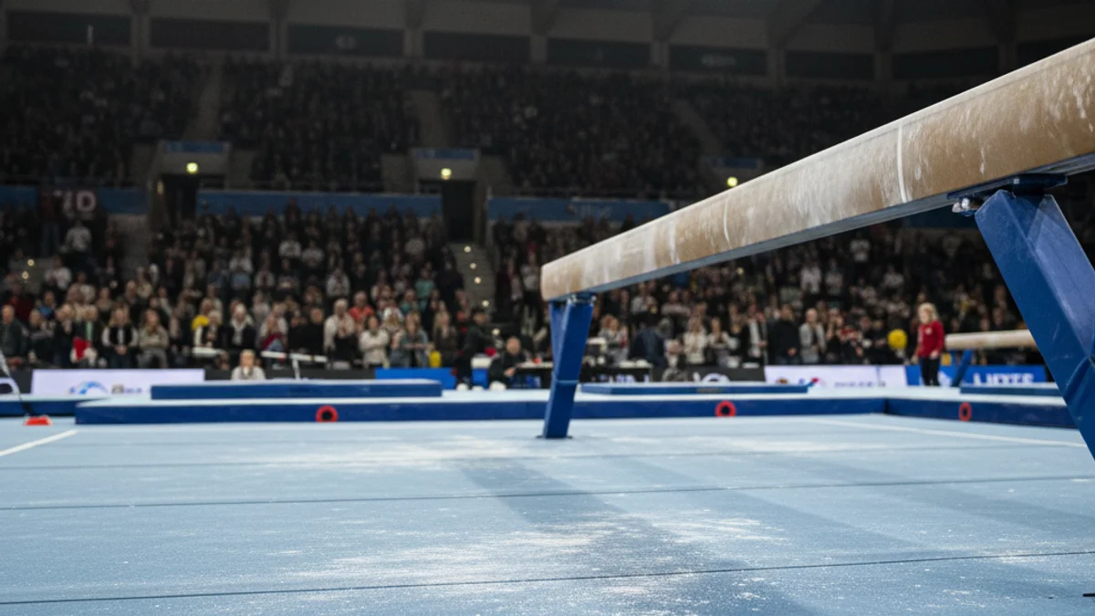Generic image of an artistic gymnastics arena featuring a competition floor and a balance beam.
