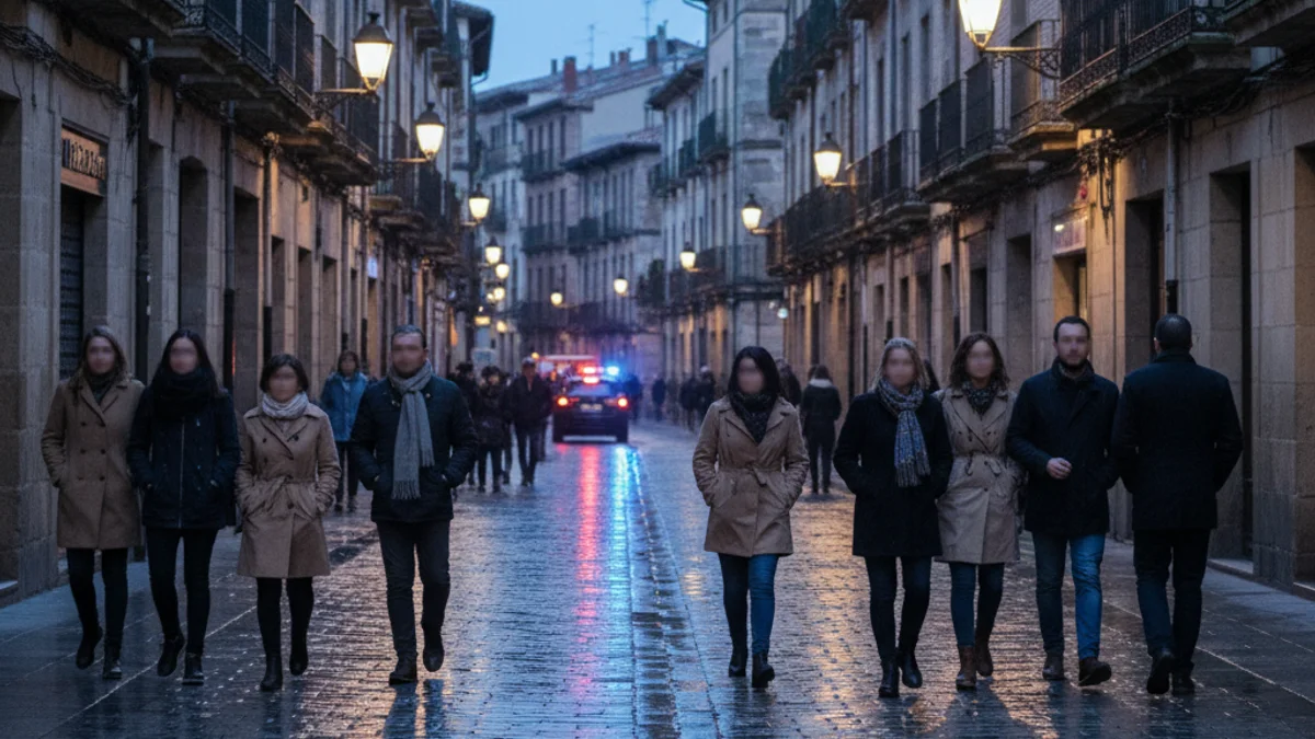 Generic image of a street in Manresa at dusk with blurred police lights in the background.