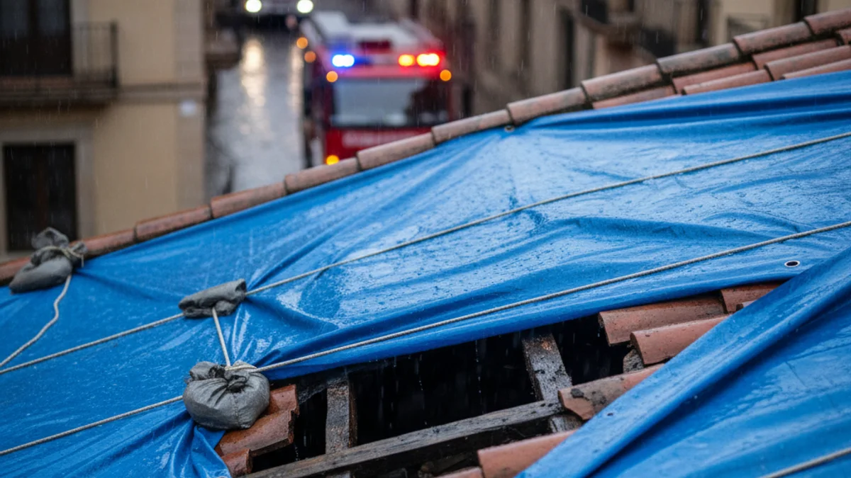 Imatge genèrica d'una lona d'emergència blava cobrint la teulada d'un edifici afectat per la pluja.