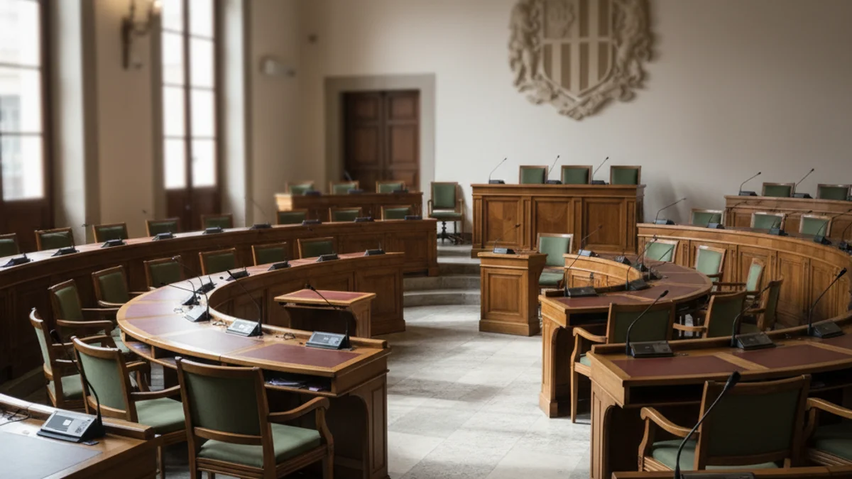 Imatge genèrica d'una sala de plens municipal buida amb micròfons sobre les taules.