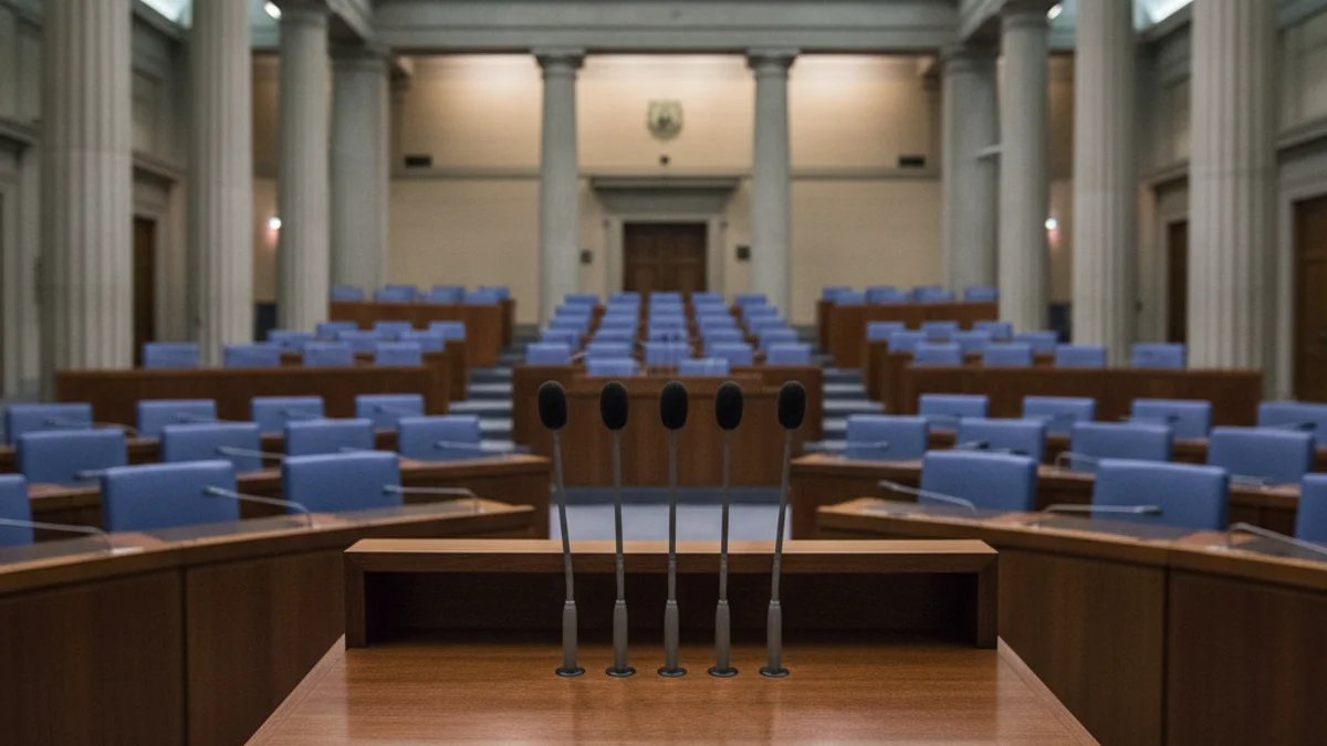 Imagen genérica de un salón de plenos municipal con micrófonos sobre un podio.