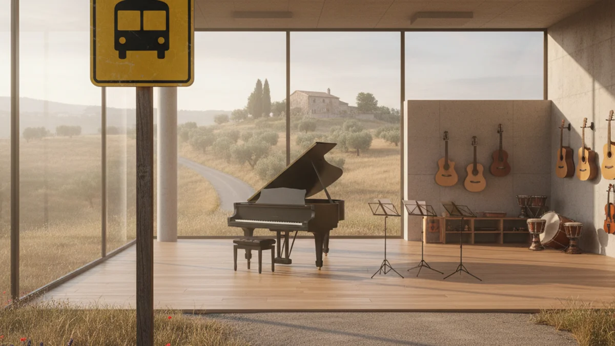 Imatge genèrica d'un espai educatiu musical amb instruments i partitures.