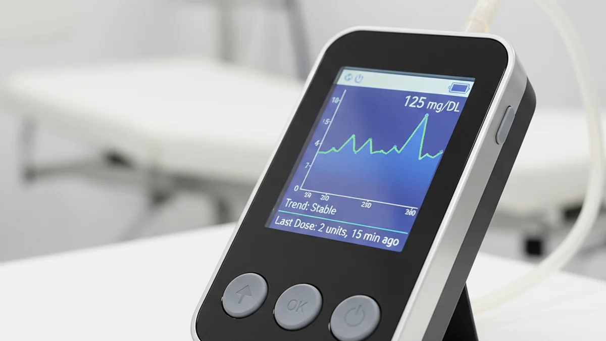 Imatge genèrica d'un dispositiu mèdic d'infusió d'insulina amb pantalla digital.